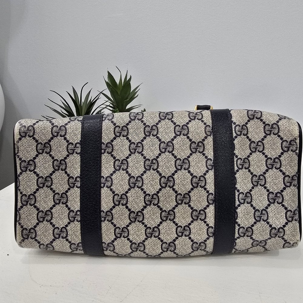 GUCCI - Vintage GG Sherry Line Boston Bag in Rare Navy Blue, PVC & Leather​​ - Picture 8 of 16